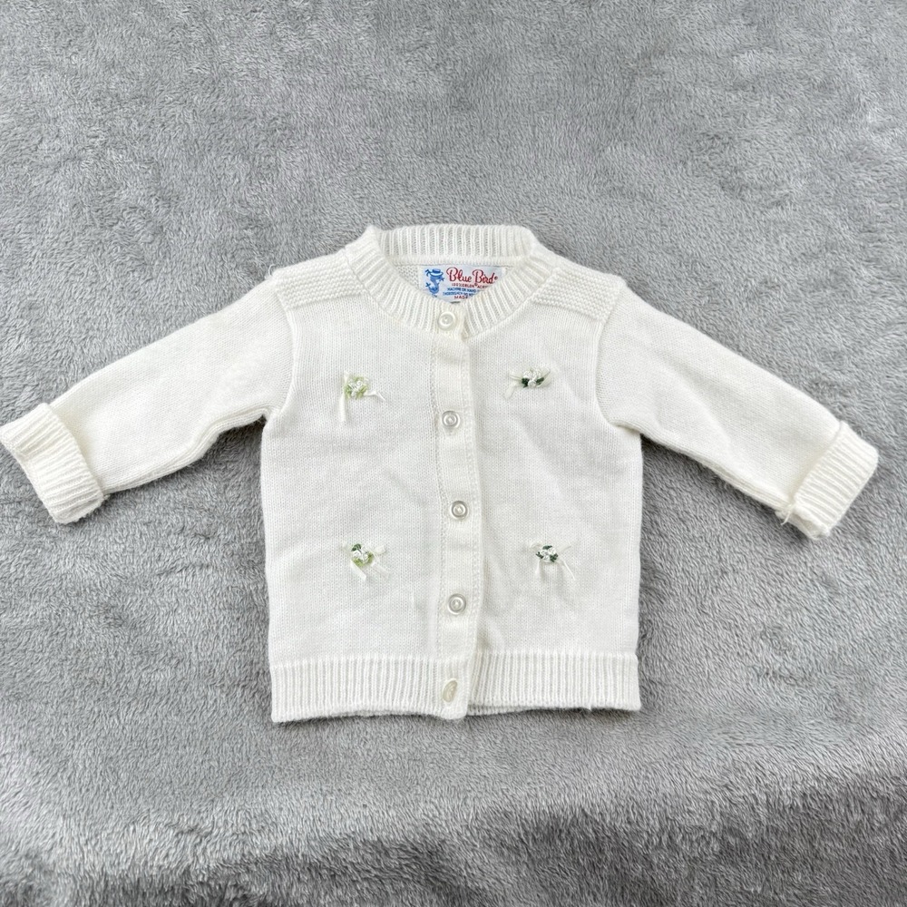 Blue Bird White Knit Sweater Baby Girl 2T USA Made Vintage 80s Christening Bow